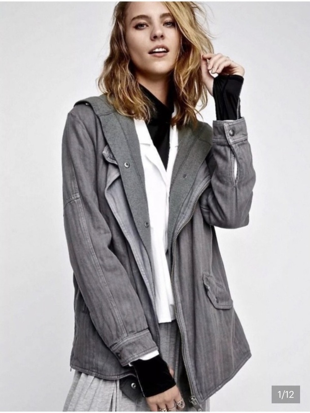 Free People Gray Hooded Utility Jacket
